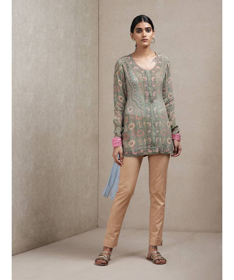 Round Neck Full Sleeves Sage Green & Pink Kurti