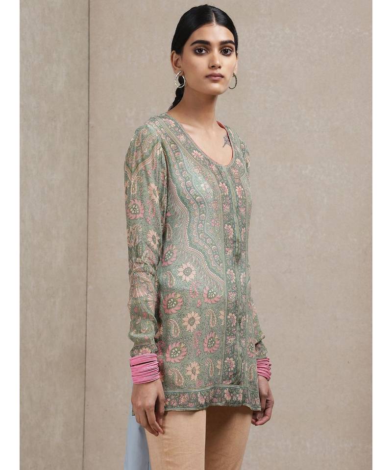Round Neck Full Sleeves Sage Green & Pink Kurti