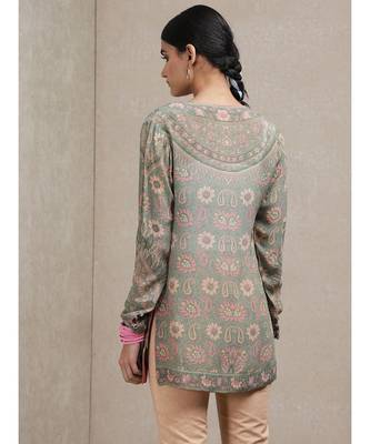 Round Neck Full Sleeves Sage Green & Pink Kurti 5