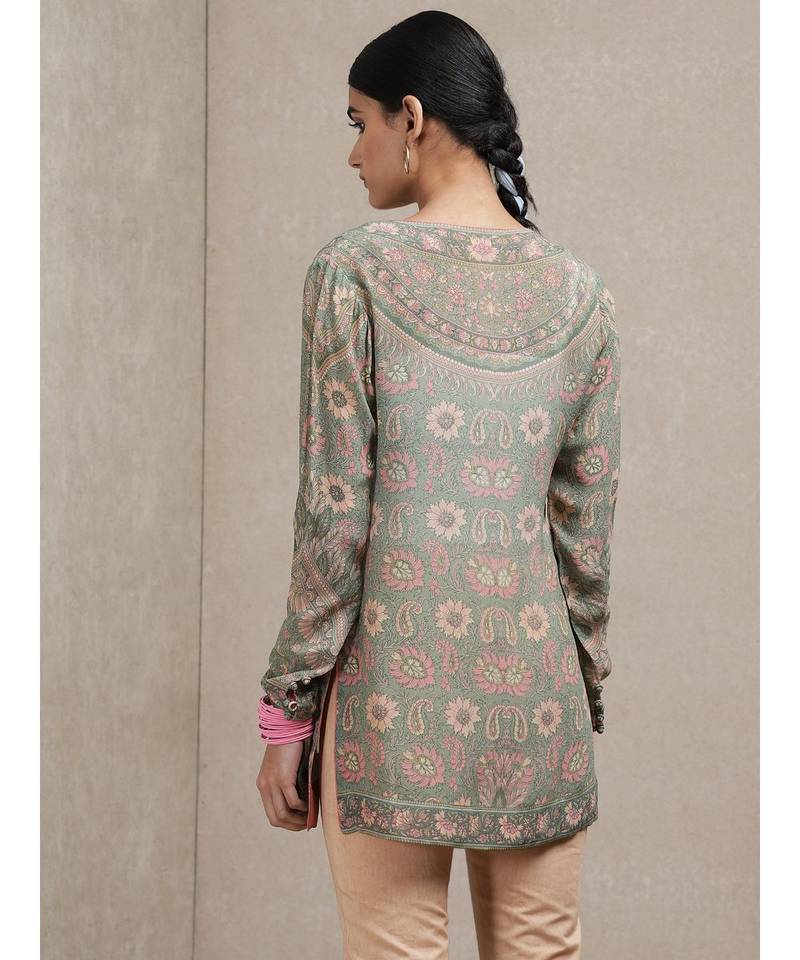 Round Neck Full Sleeves Sage Green & Pink Kurti