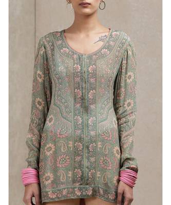 Round Neck Full Sleeves Sage Green & Pink Kurti 6