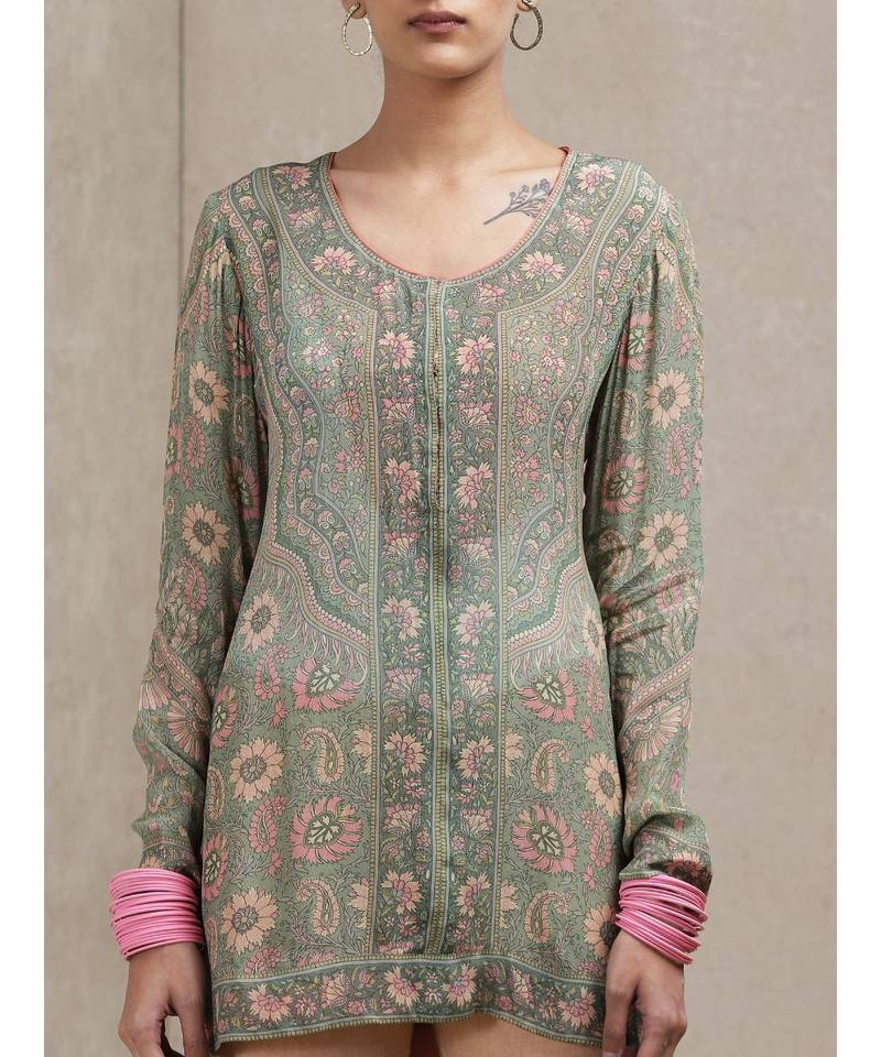 Round Neck Full Sleeves Sage Green & Pink Kurti