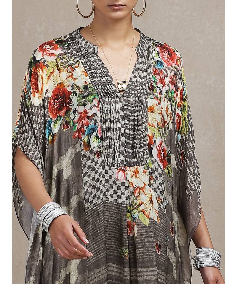 Grey Floral Print Kaftan