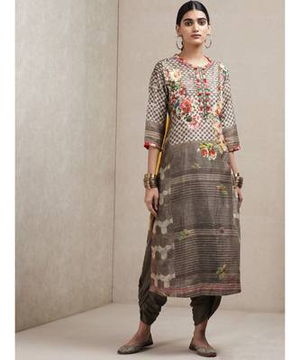 Grey Floral Print Kurta Set 1