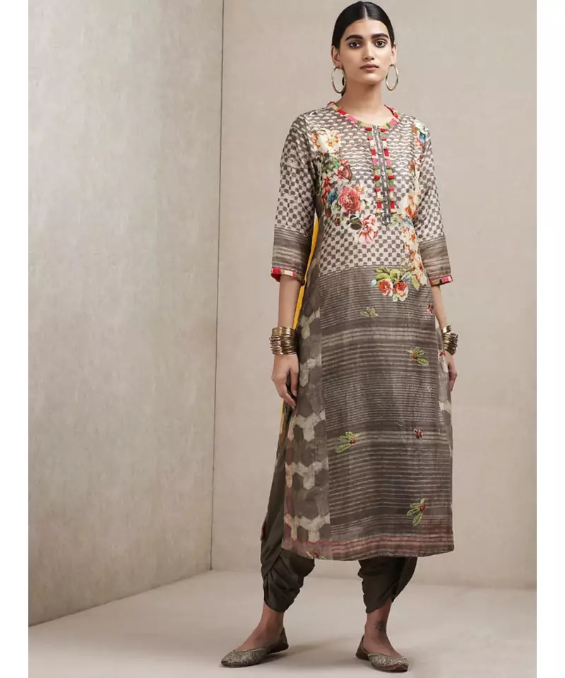 Grey Floral Print Kurta Set