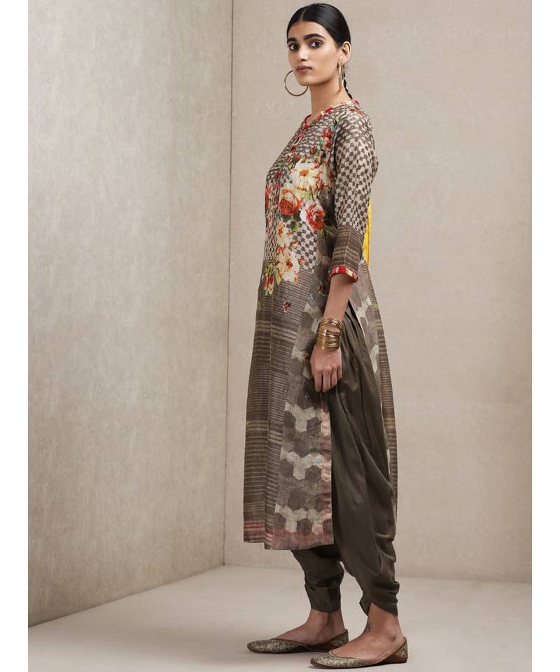 Grey Floral Print Kurta Set