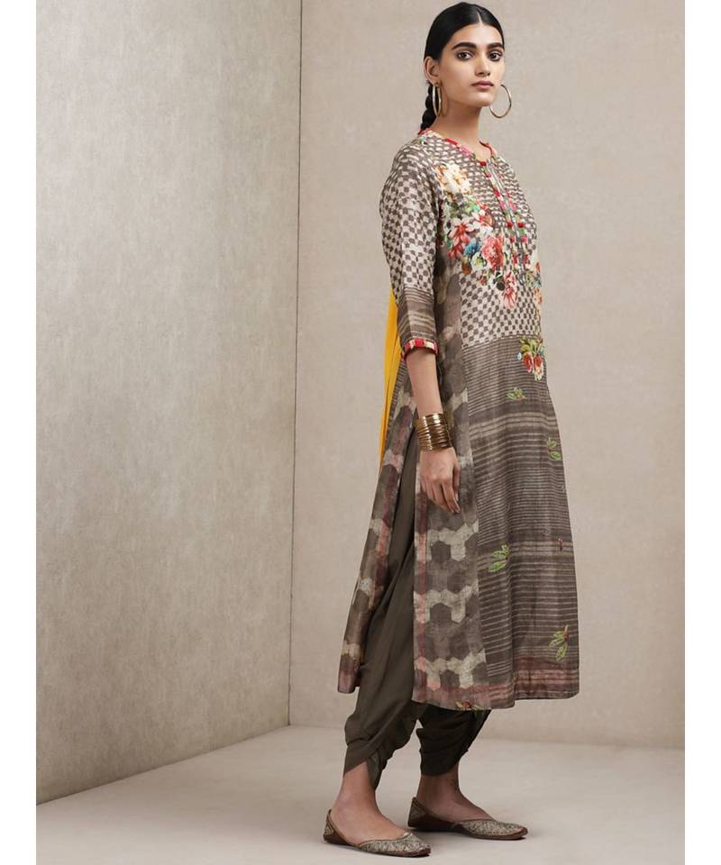 Grey Floral Print Kurta Set