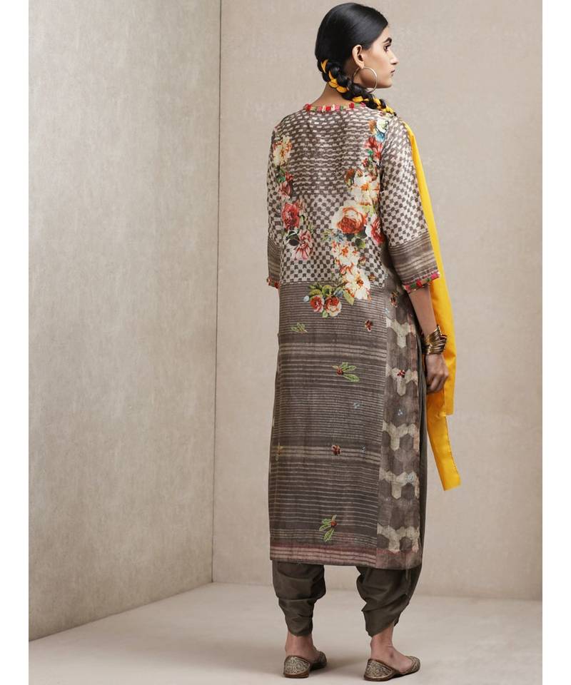 Grey Floral Print Kurta Set