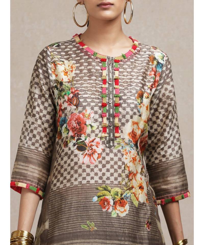 Grey Floral Print Kurta Set