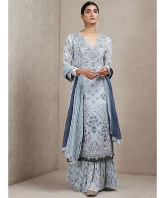Powder Blue Floral Print Suit Set 1