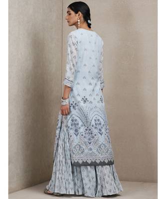 Powder Blue Floral Print Suit Set 4