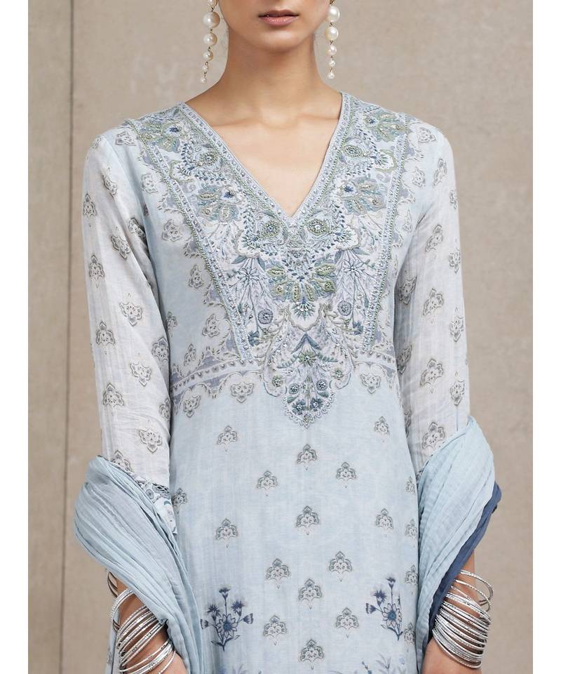 Powder Blue Floral Print Suit Set