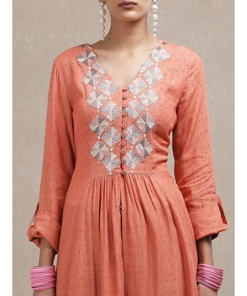 Rust Embroidered Kurta