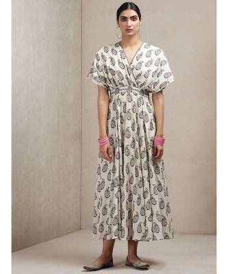 Beige Paisley Print Kaftan Dress 1