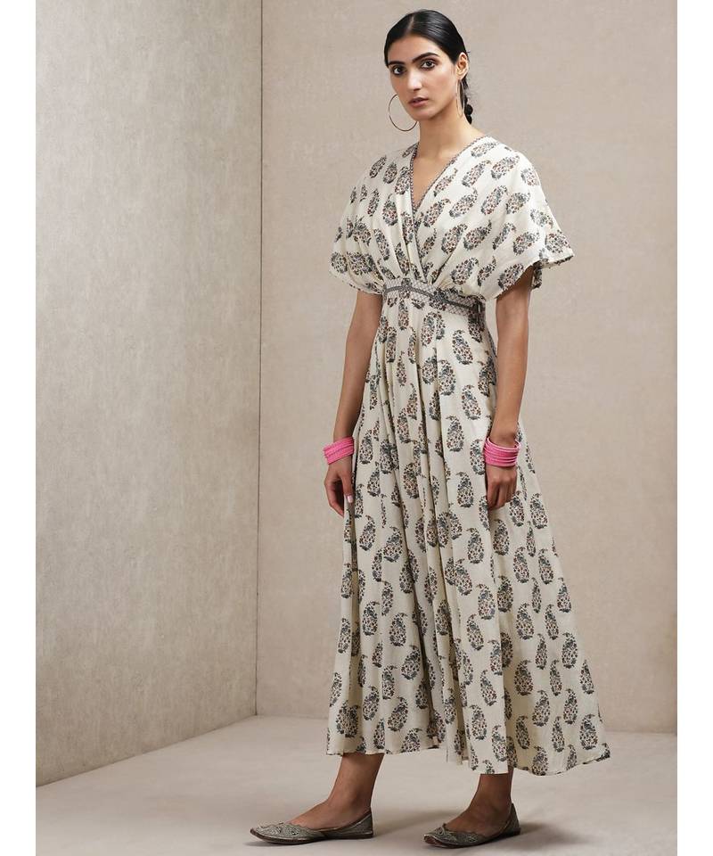 Beige Paisley Print Kaftan Dress