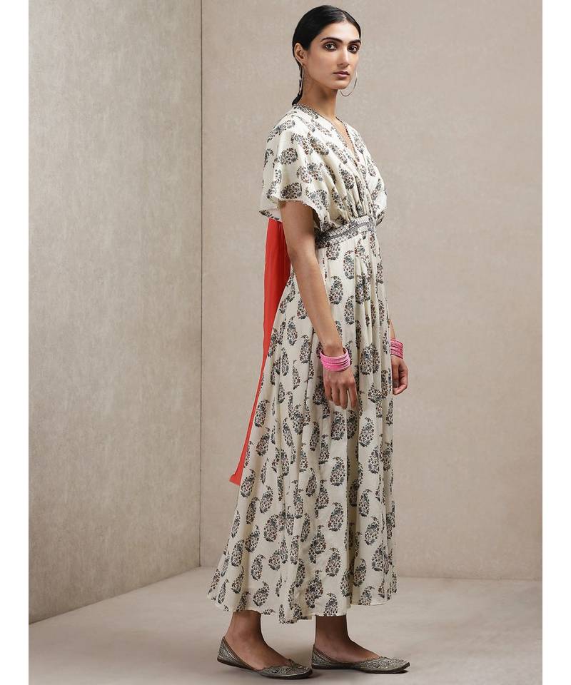 Beige Paisley Print Kaftan Dress