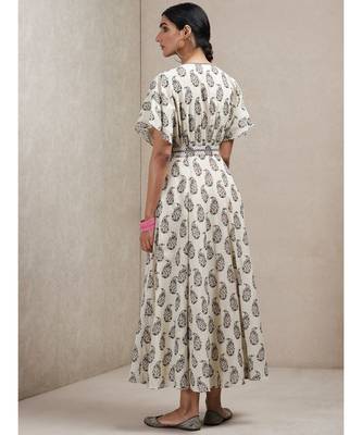 Beige Paisley Print Kaftan Dress 4