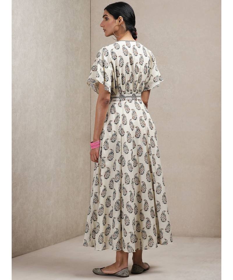 Beige Paisley Print Kaftan Dress