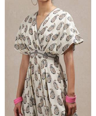 Beige Paisley Print Kaftan Dress 5