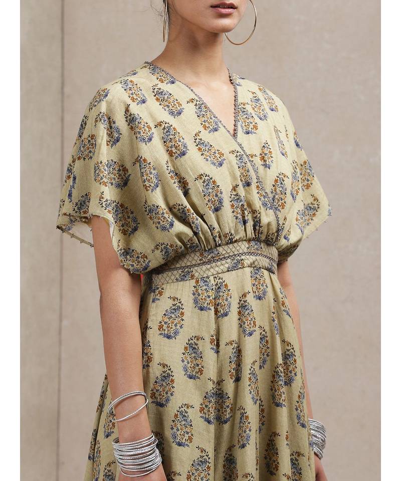 Olive Paisley Print Kaftan Dress