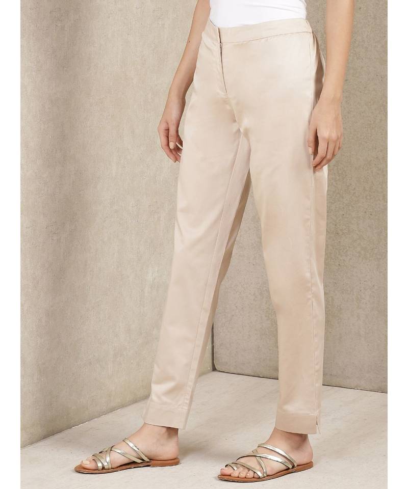 Beige Solid Trousers