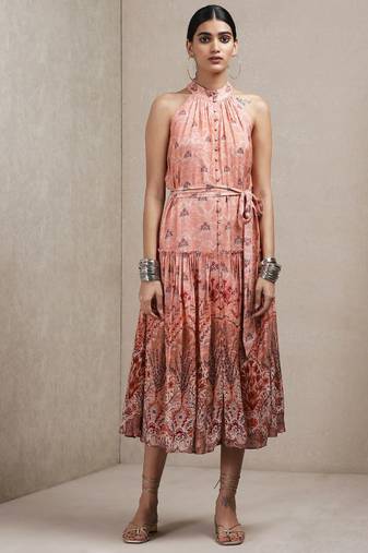 Peach Floral Print Dress by RITU KUMAR