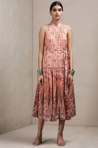 Peach Floral Print Dress by RITU KUMAR