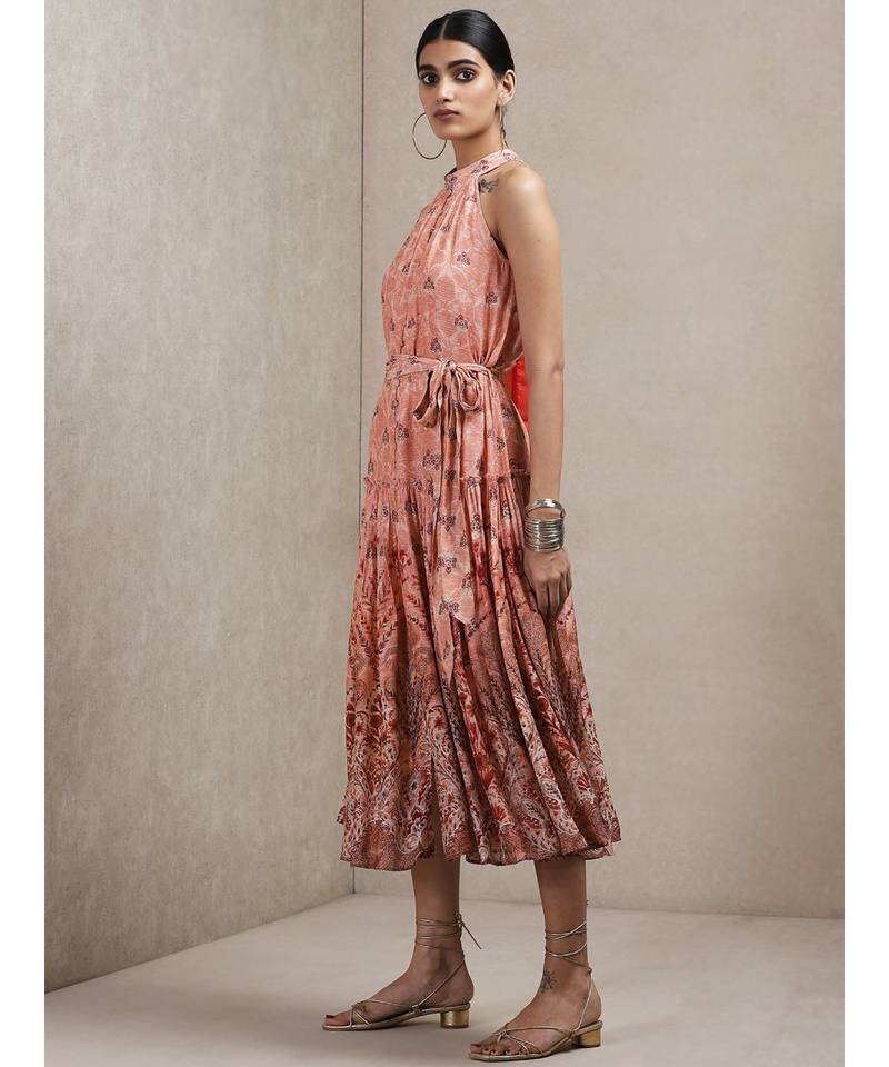 Peach Floral Print Dress by RITU KUMAR