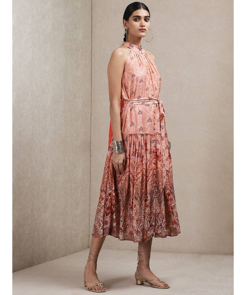Peach Floral Print Dress by RITU KUMAR