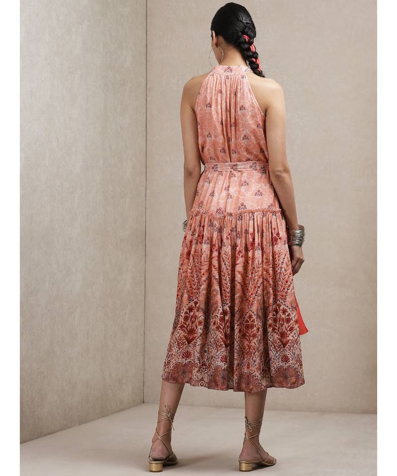 Peach Floral Print Dress by RITU KUMAR