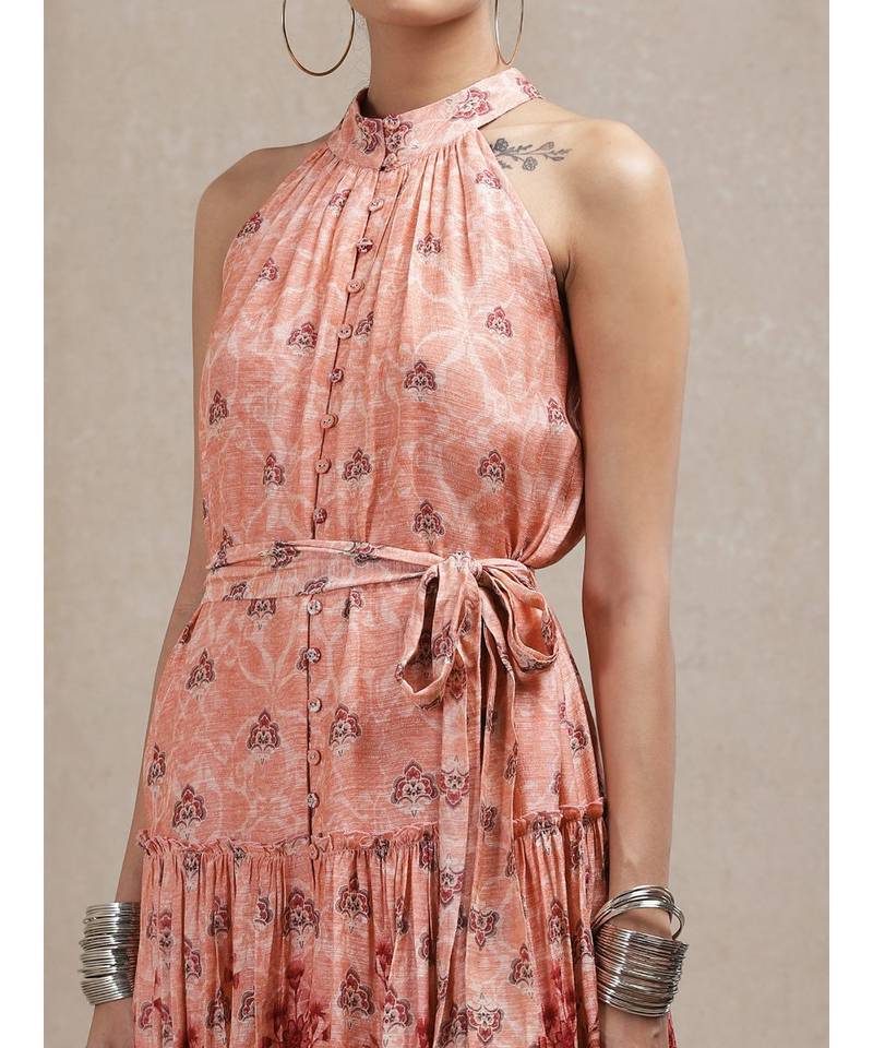 Peach Floral Print Dress by RITU KUMAR
