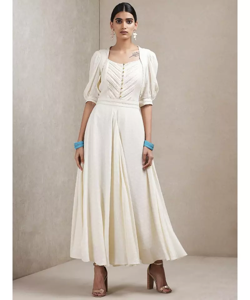 Off White Half Sleeves Long Dress