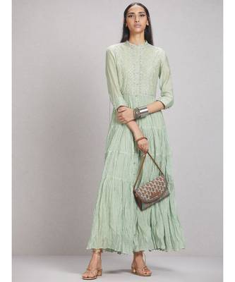 Pista Green Tiered Chanderi Kurta 1