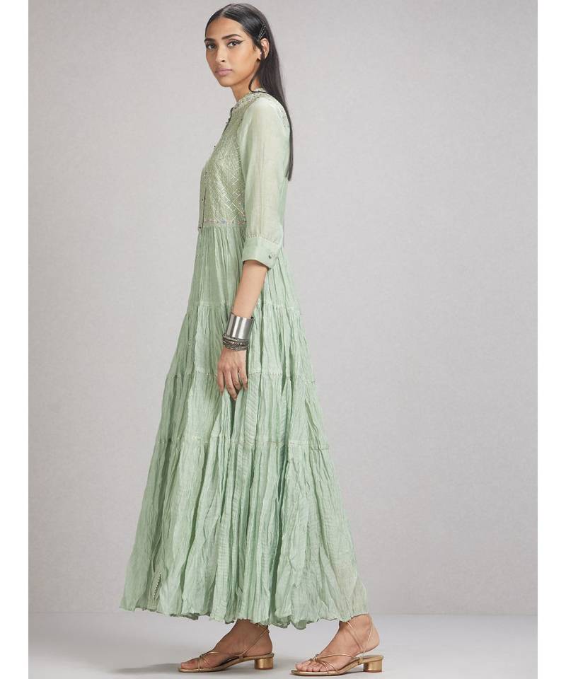 Pista Green Tiered Chanderi Kurta