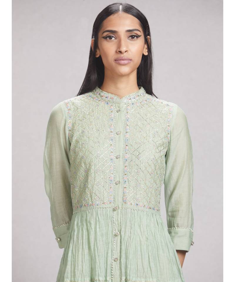 Pista Green Tiered Chanderi Kurta