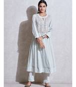 Band Collar 3/4 Sleeve Long Solid Kurta With Embroidered Yoke And Palazzo