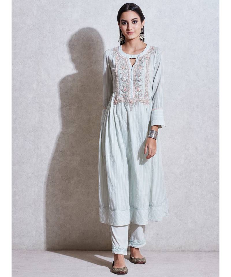 Band Collar 3/4 Sleeve Long Solid Kurta With Embroidered Yoke And Palazzo