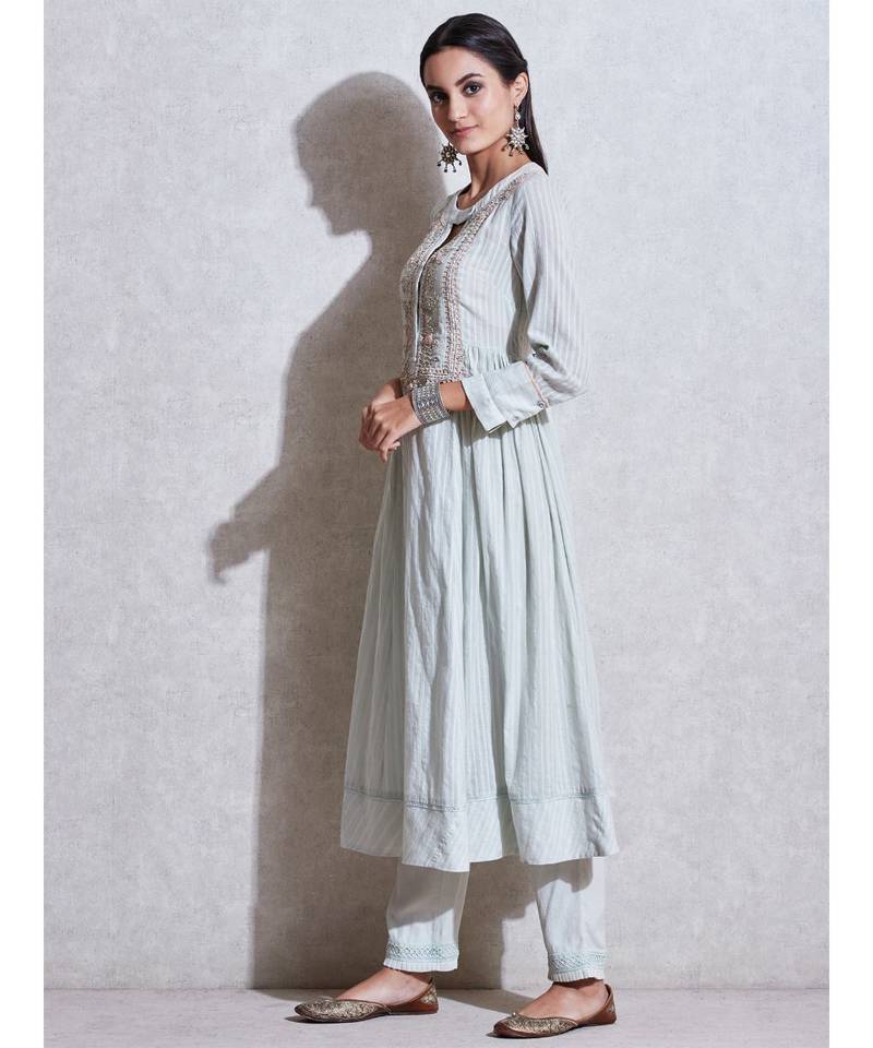 Band Collar 3/4 Sleeve Long Solid Kurta With Embroidered Yoke And Palazzo