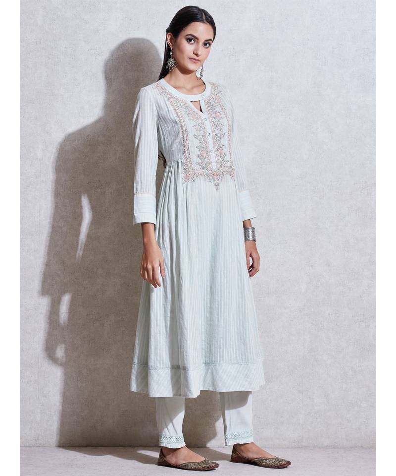 Band Collar 3/4 Sleeve Long Solid Kurta With Embroidered Yoke And Palazzo