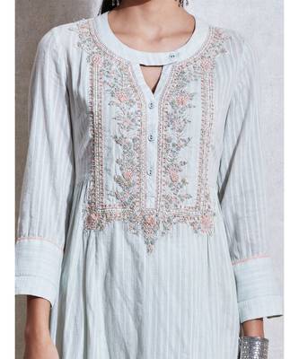 Band Collar 3/4 Sleeve Long Solid Kurta With Embroidered Yoke And Palazzo 6