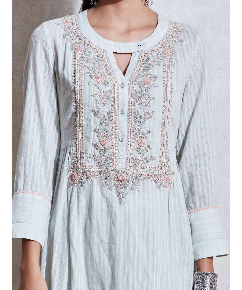 Band Collar 3/4 Sleeve Long Solid Kurta With Embroidered Yoke And Palazzo