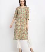 Green embroidered cotton kurtas-and-kurtis