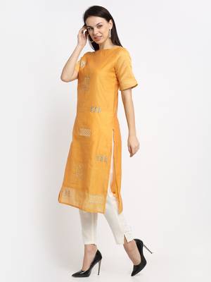 Yellow embroidered cotton kurtas-and-kurtis 3