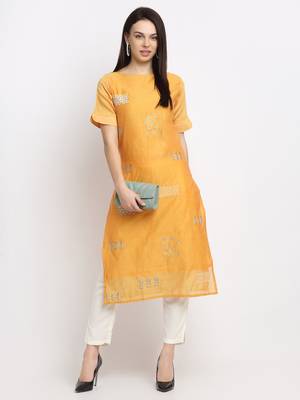 Yellow embroidered cotton kurtas-and-kurtis 5