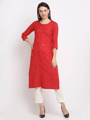 Red embroidered cotton kurtas-and-kurtis 1