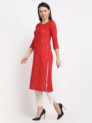 Red embroidered cotton kurtas-and-kurtis 3