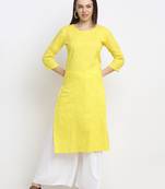 Yellow embroidered cotton kurtas-and-kurtis