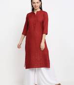 Maroon embroidered cotton kurtas-and-kurtis