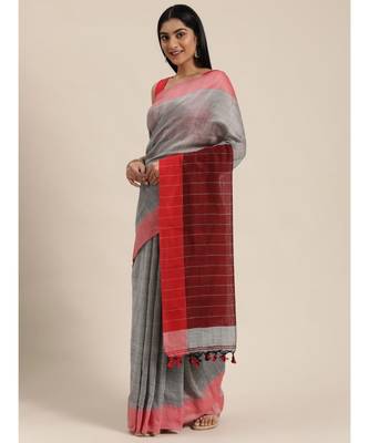 Grey Plain Cotton Handloom Sarees With Blouse 1
