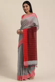 Grey Plain Cotton Handloom Sarees With Blouse